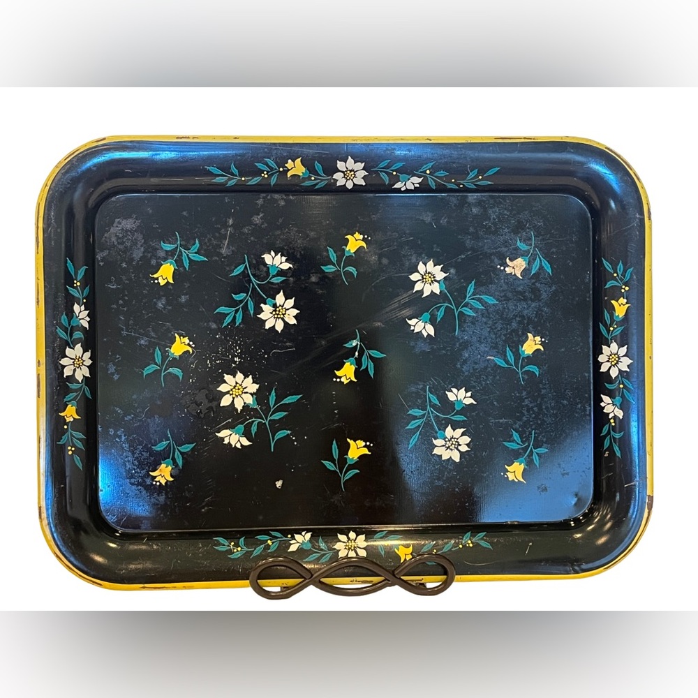 Vintage 1970’s  Floral Black Metal Tray
